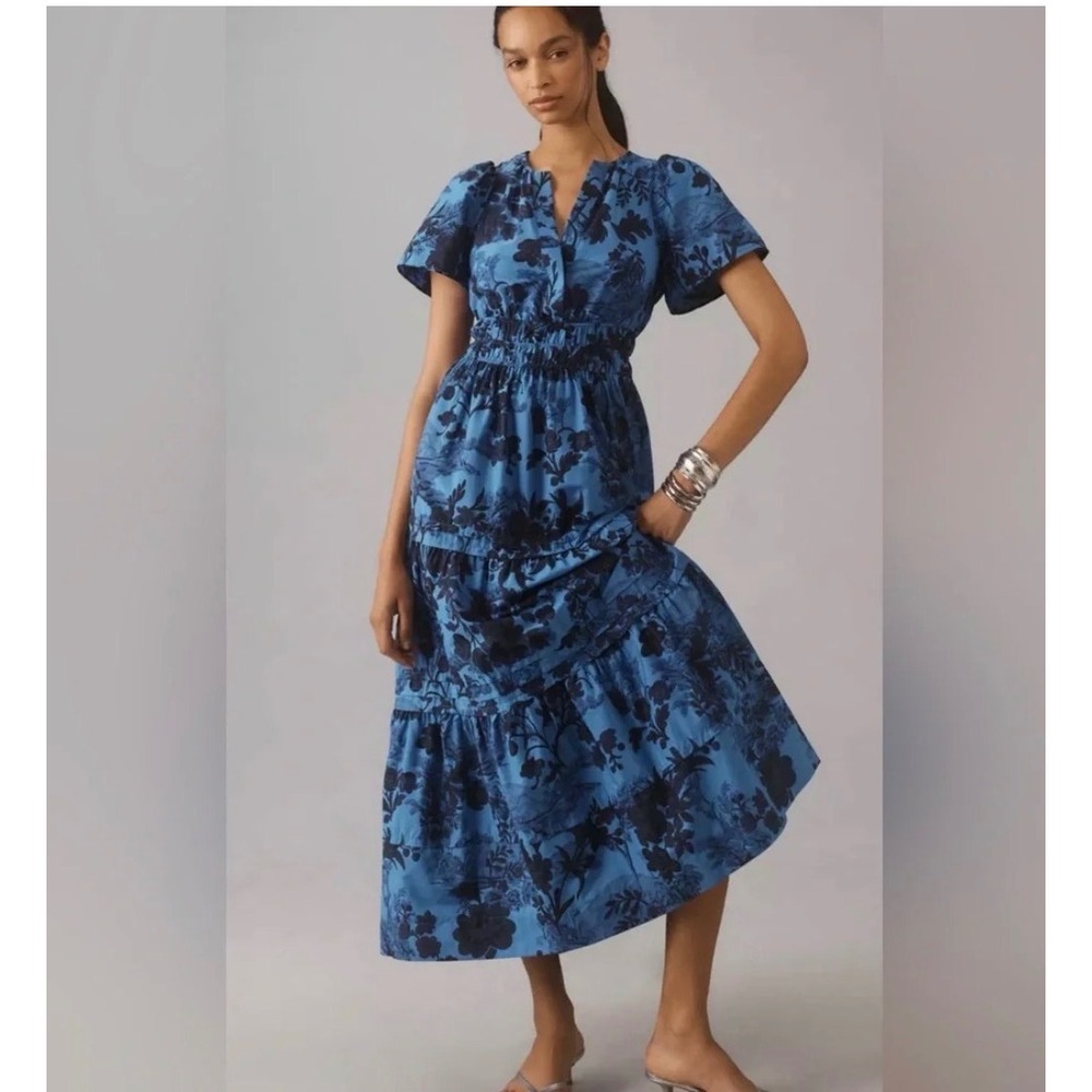 Anthropologie Somerset Maxi Dress Blue Denim Floral Smocked Tiered V-Neck Large